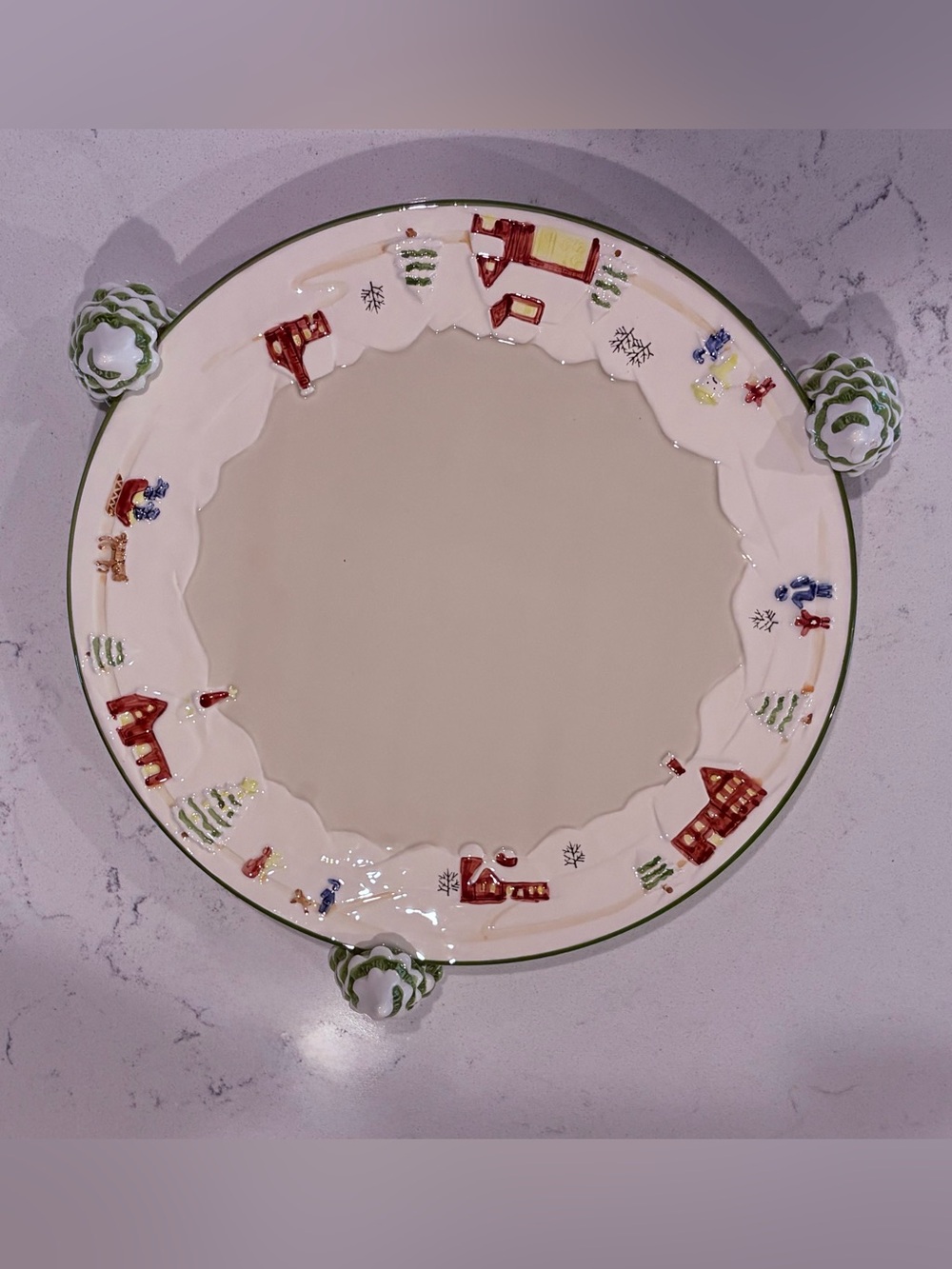 Enesco White and Red Holiday Village Serving Platter with Green Trim